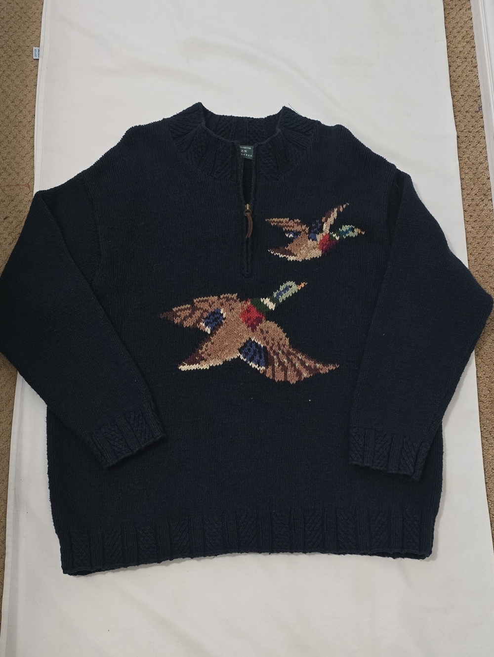Lauren Ralph Lauren Hand Knit Navy Quarter-Zip Sweater with Flying Duck Motif